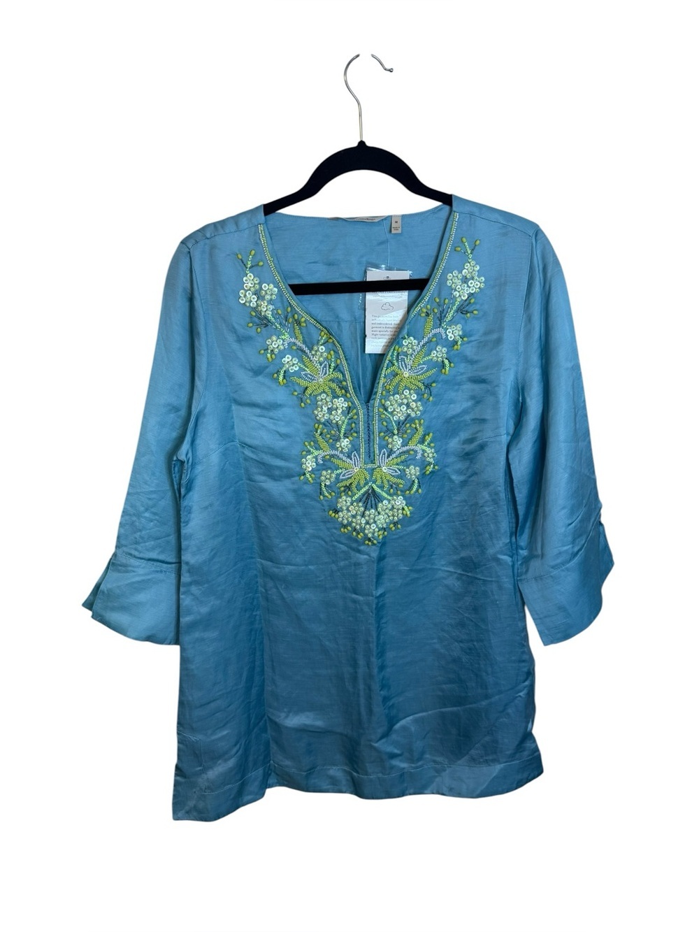 NWT Soft Surroundings Blue Linen Embellished Beaded Preppy Coastal Tunic Top
